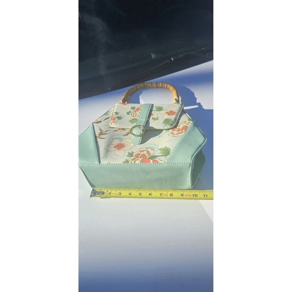 Banned Retro Floral Bamboo Handle Satchel Mint Green Vintage Style Crossbody Bag - Picture 11 of 16